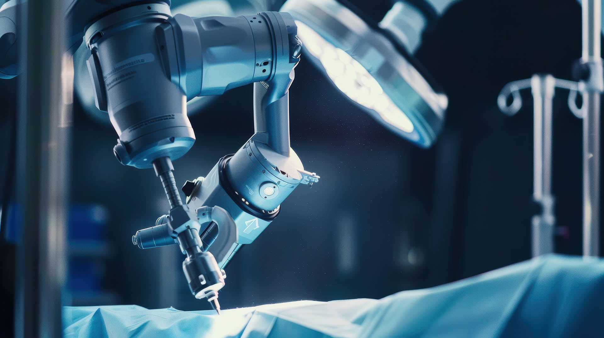 Modern surgical robot performing surgery on a patient in a sterile operating room
